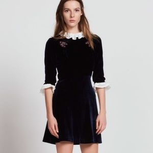Sandro embellished-patches velvet dress in navy blue sz L (3 EU)